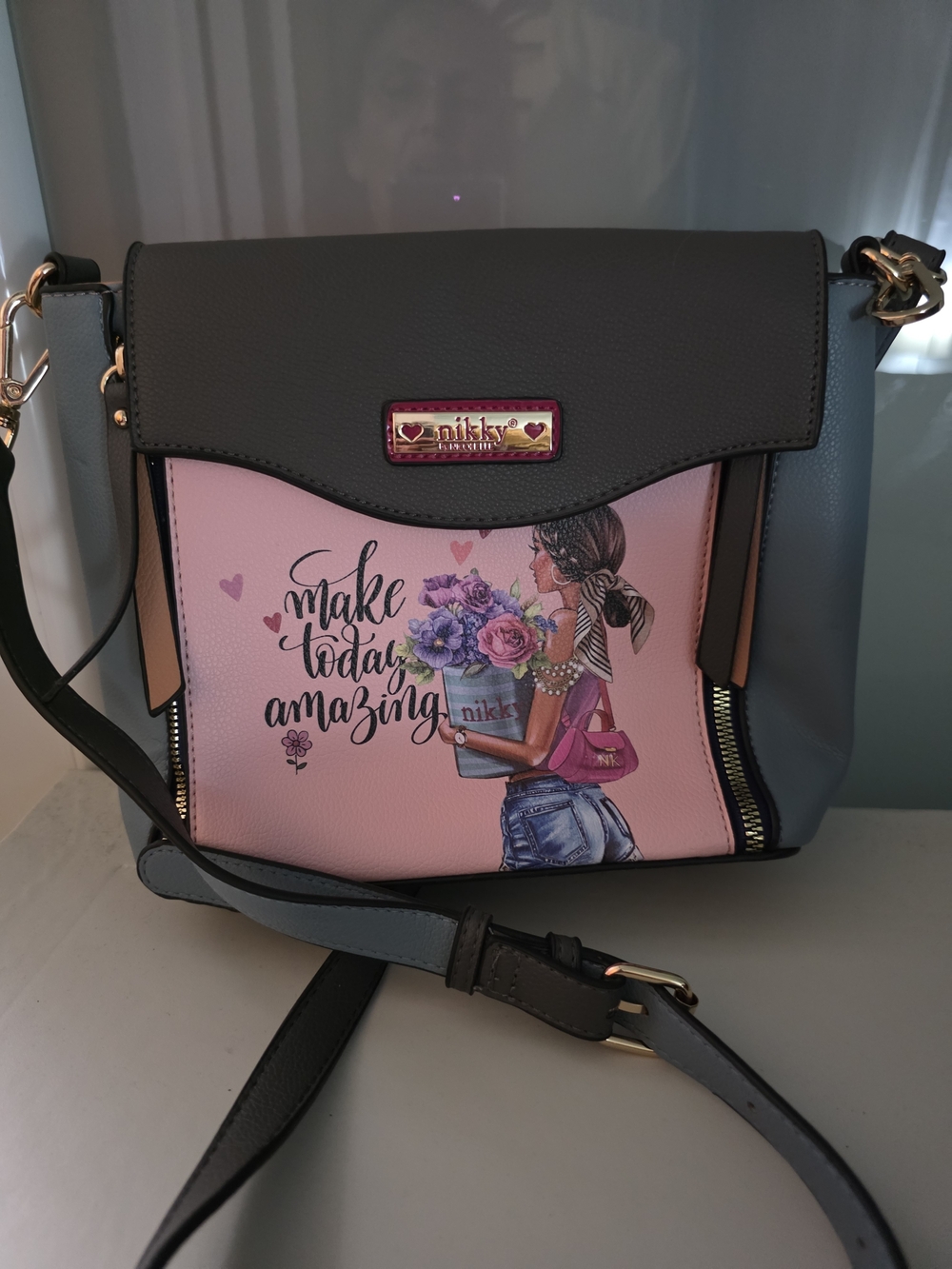 Nikky Crossbody Bag - Pink & Gray 'Make Today Amazing'